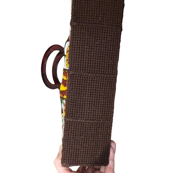 SOLD Vintage 70s Mushroom Floral Needlepoint Knit Square Plastic Handle Hand Bag - Picture 7 of 7